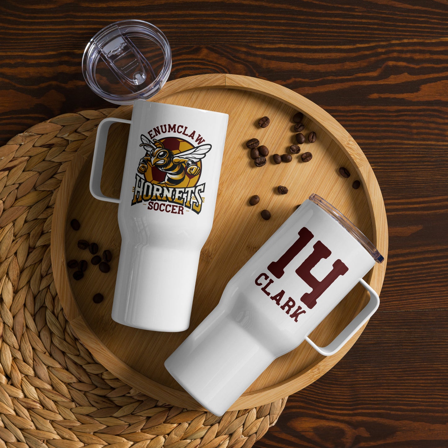Custom Enumclaw Hornets Soccer Travel mug with a handle