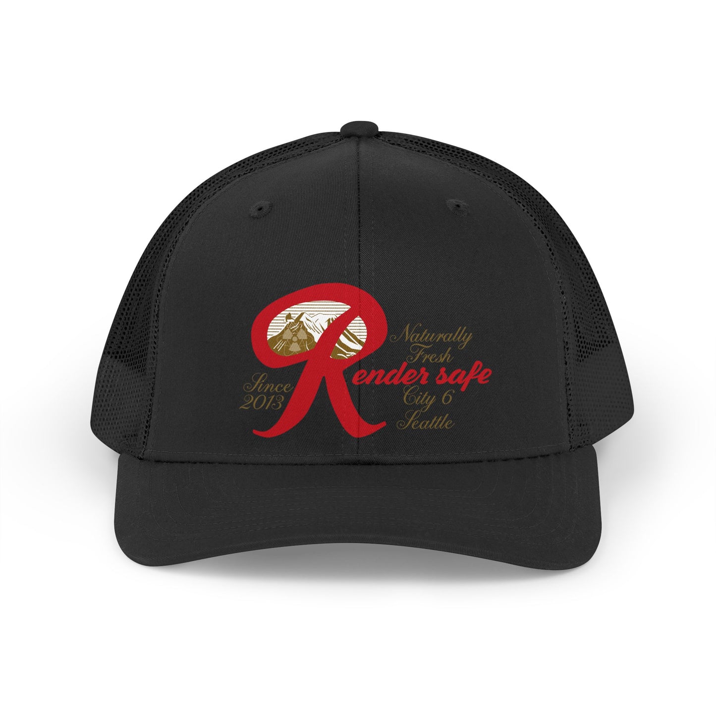 Render Safe Retro Trucker Hat – Red 'Render Safe' Script Logo Mesh Cap