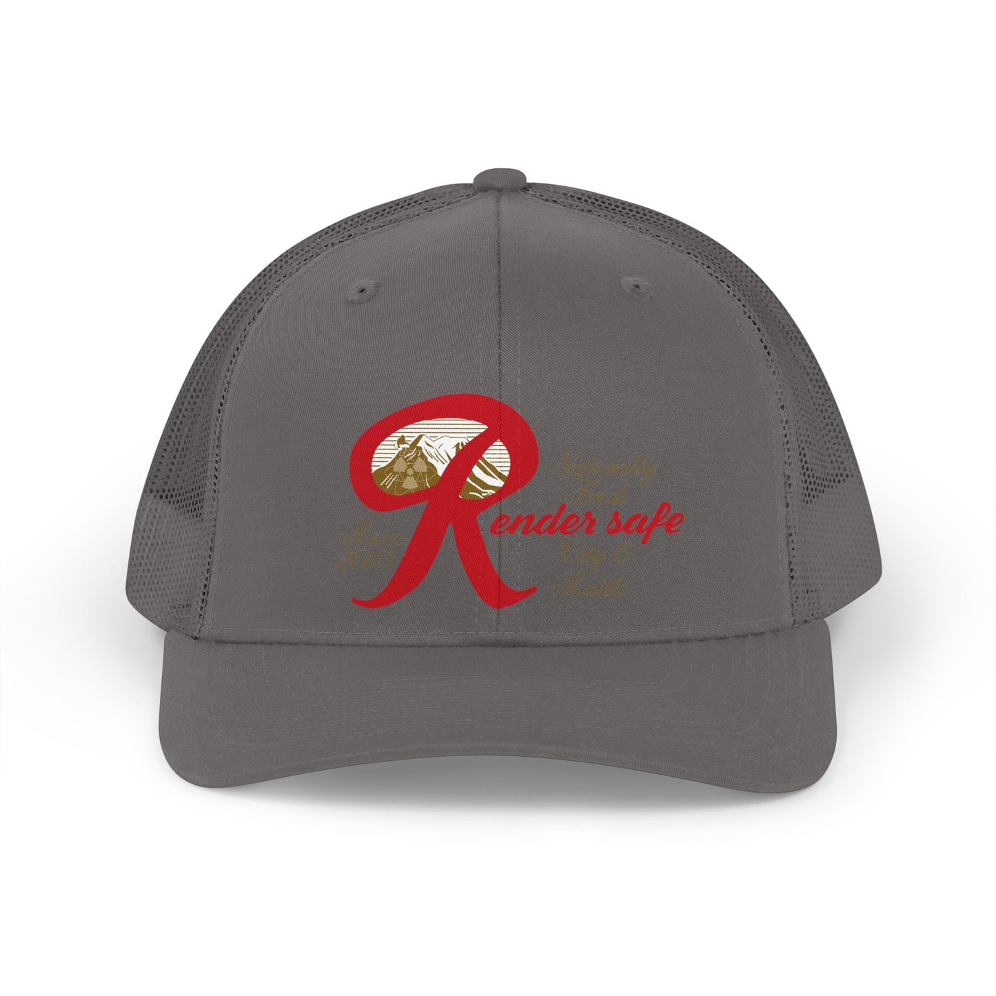 Render Safe Retro Trucker Hat – Red 'Render Safe' Script Logo Mesh Cap