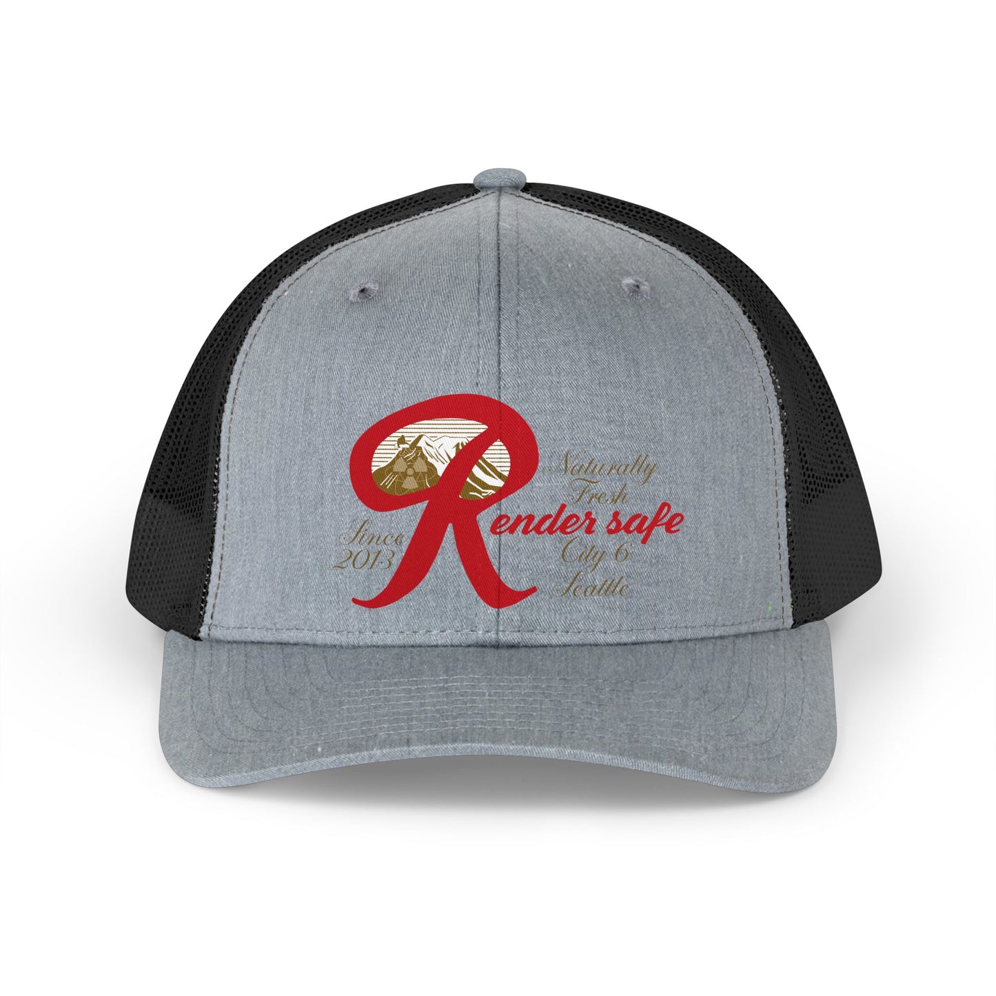 Render Safe Retro Trucker Hat – Red 'Render Safe' Script Logo Mesh Cap