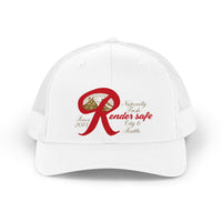 Render Safe Retro Trucker Hat – Red 'Render Safe' Script Logo Mesh Cap
