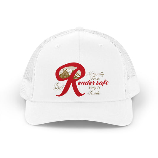 Render Safe Retro Trucker Hat – Red 'Render Safe' Script Logo Mesh Cap