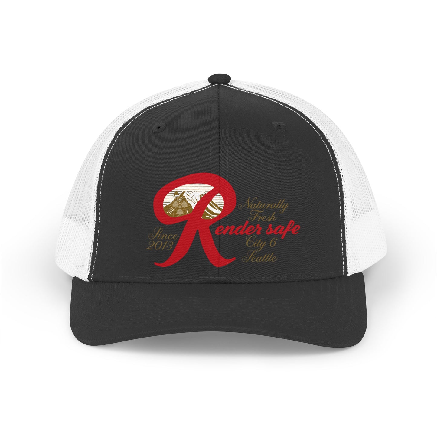 Render Safe Retro Trucker Hat – Red 'Render Safe' Script Logo Mesh Cap