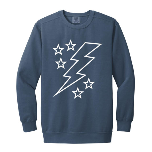 Lightening Bolt Outline White Garment-Dyed Adult Crewneck Sweatshirt