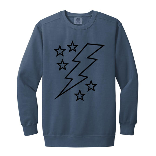 Lightening Bolt Outline Black Garment-Dyed Adult Crewneck Sweatshirt