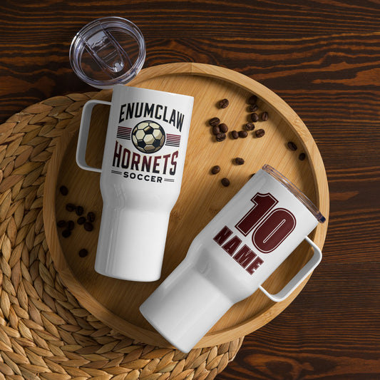 Custom Enumclaw Hornets Soccer Travel mug with a handle